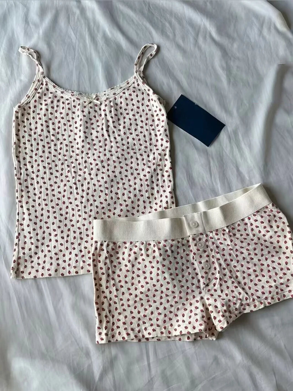 Strawberry Vest Shorts 2 Pieces Set Woman Eyelet Bow Slim Tank Top with Elastic Waist Patchwork Straight Short Pant Sweet Sets - Matrix-studios.com