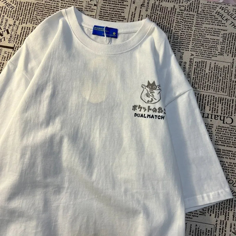Summer Japanese Retro Pocket Cat Cartoon Printed Short Sleeve T-shirt Male Female Couples Unisex College Style Oversized Top - Matrix-studios.com