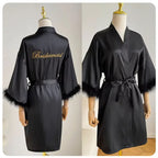 White Bride Wedding Robe with Feathers Women Satin Peignoir Sexy Bridesmids Kimono Gowns Short Bathrobe Bridal Intimate Lingerie - Matrix-studios.com