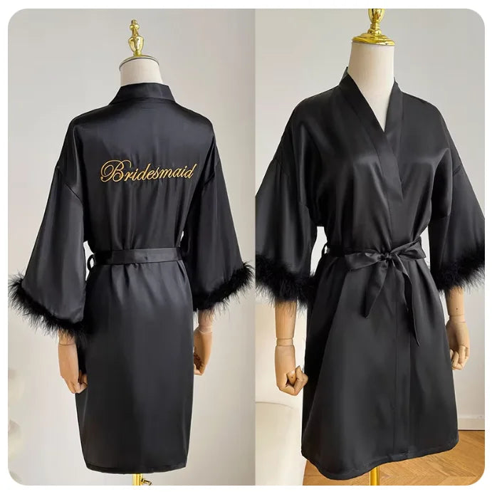 White Bride Wedding Robe with Feathers Women Satin Peignoir Sexy Bridesmids Kimono Gowns Short Bathrobe Bridal Intimate Lingerie - Matrix-studios.com
