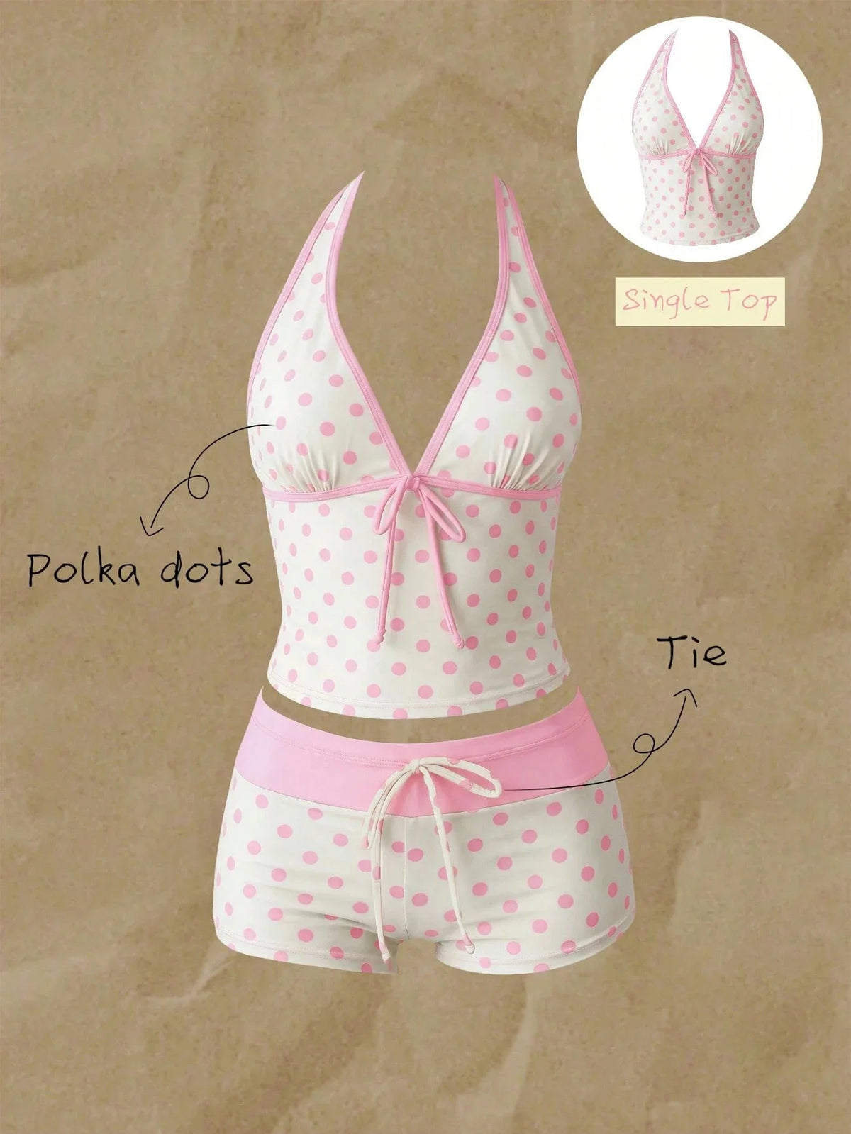 Kawaii Pink Dot Bikini Shorts Bowknot Halter Backless Swimsuit Deep V Swimwear Women's Bikinis and Tankinis Vacation Outfit Sets - Matrix-studios.com