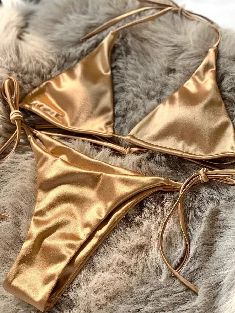 Halter Brazilian Metallic Satin Bikini Women Swimwear Female Swimsuit Two-pieces Bikini Set High Cut Bathing Suit Swim Beachwear - Matrix-studios.com