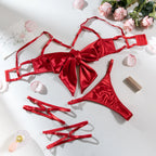 Sexy Solid Stain Lingerie Set Women's Hollow Out Bow Lace Up Exotic Apparel Suit Pure Desire Style Uniform Underwear Bra & Brief - Matrix-studios.com