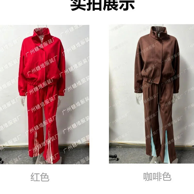 Casual Tracksuit Two Piece Set Women Stand Collar Zipper Jacket Stripe Patchwork Wide Leg Sweatpants Classic Lady Streetwear - Matrix-studios.com