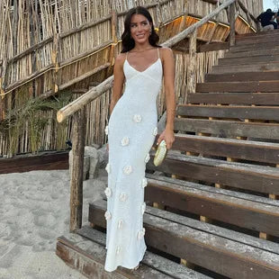 Women Cover Ups Sexy Hollow Out Dresses Spliced Sleeveless Split Long Dress Swimwears Sling Backless Knit Y2k Summer Beach - Matrix Studios