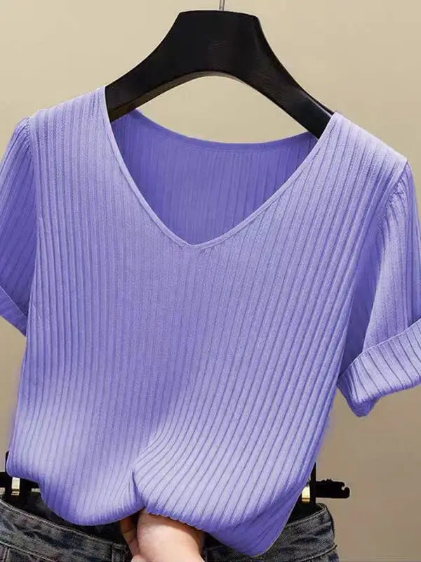 AOSSVIAO 2026 Basic V-neck Solid Thin Summer Women Pullover Female Thin Knitted Ribbed Sweater Slim Short Sleeve Bodycon Sweater - Matrix-studios.com