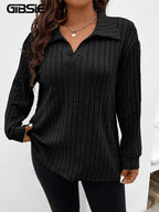 GIBSIE Plus Size Tshirt for Women Spring Fall Polo Collar Long Sleeve T-Shirt Female Casual Ribbed Knit Solid Tee Tops 2023 - Matrix-studios.com