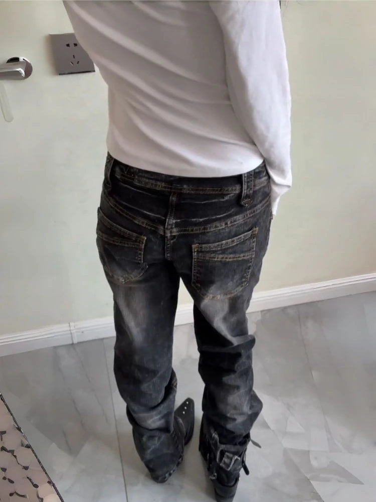American Vintage Washed Distressed Pleated Button Jeans Women Streetwear Y2k Retro Full Length Pants Slim Spring Summer - Matrix-studios.com