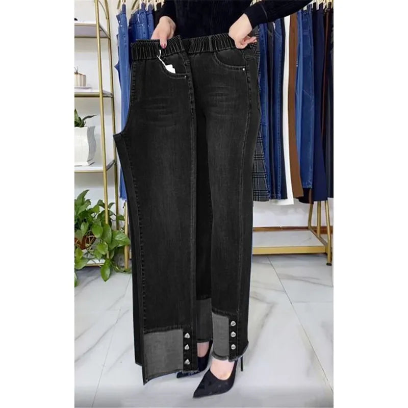 Middle-aged Women's Jeans Spring Autumn Stretch Waist Straight Denim Pants Large Size Loose High Waist Casual Black Blue Trouser - Matrix-studios.com