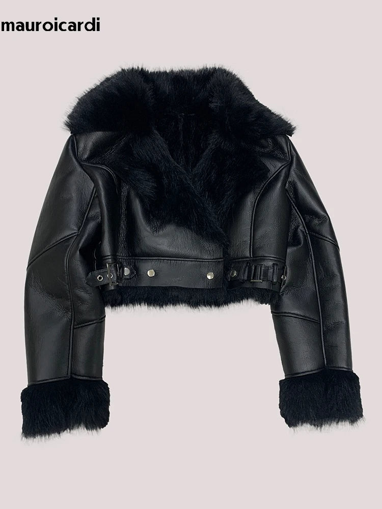 Mauroicardi Autumn Winter Short Thickened Black Warm Soft Faux Sheepskin Coat Women Loose Casual Chic Fluffy  Jacket 2025 - Matrix Studios