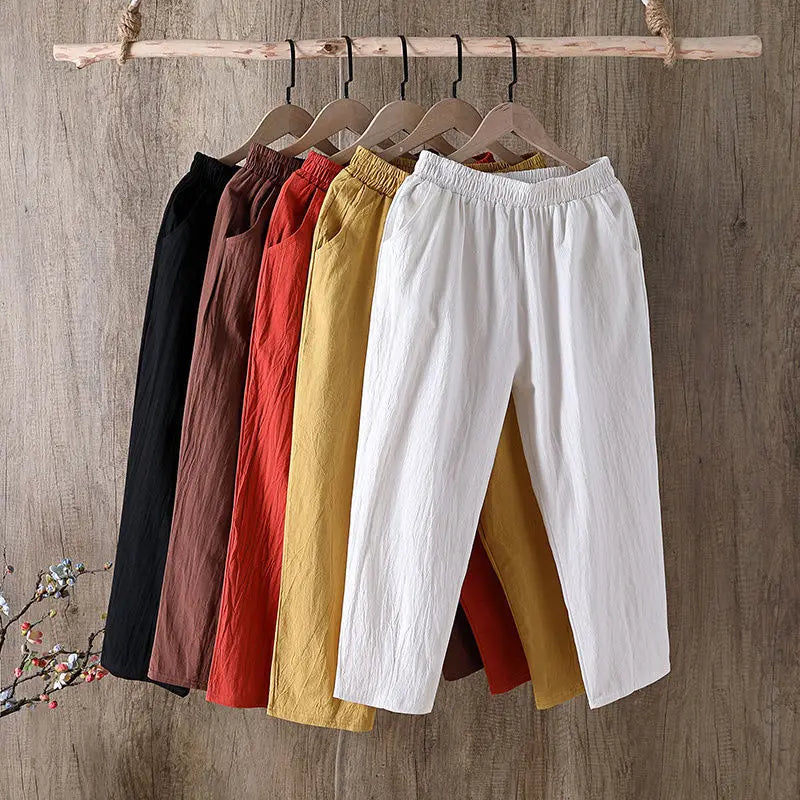 Women Summer Casual Loose Harem Elastic Waist Cotton Linen Pants Ninth Trousers - Matrix-studios.com