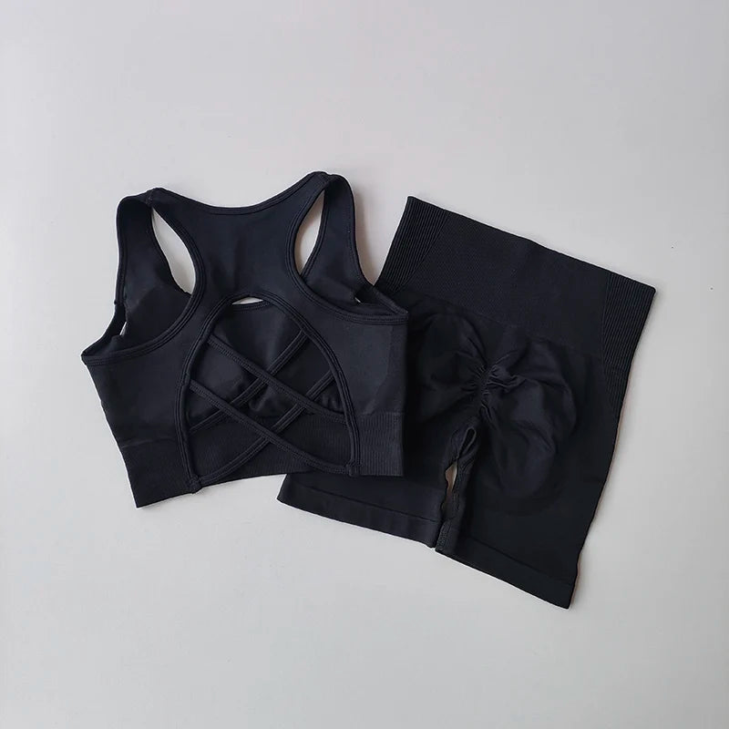 2 PCS Women's Seamless Yoga Set Sexy Sport Bra High Waist Sports Shorts Gym Fitness Sleeveless Workout Suit Sporstwear - Matrix-studios.com