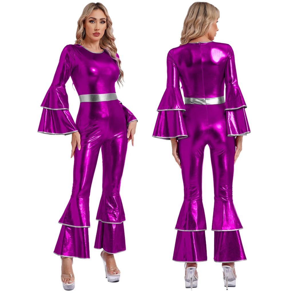 Womens 70S Disco Vintage Jumpsuit Metallic Shiny Flare Sleeve Bodysuit Hippie Bell Bottom Jazz Dance Carnival Rave Party Costume - Matrix Studios