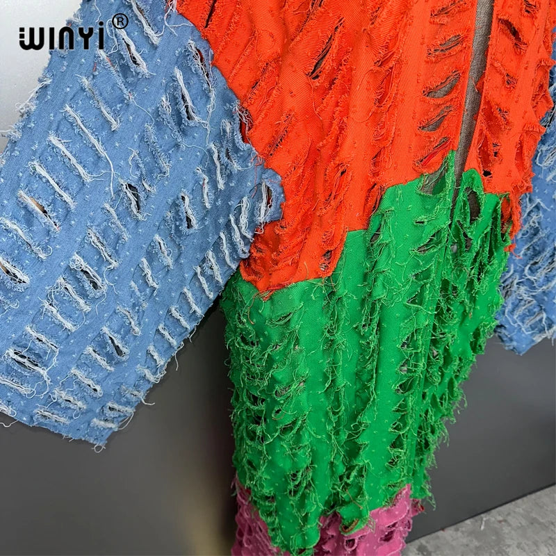 WINYI Kimono Colored Denim Cardigan Maxi Dress Beach Wear Cover-Up Abaya Dubai Luxury Beach Outfits for Women Broke Jeans Coat - Matrix Studios