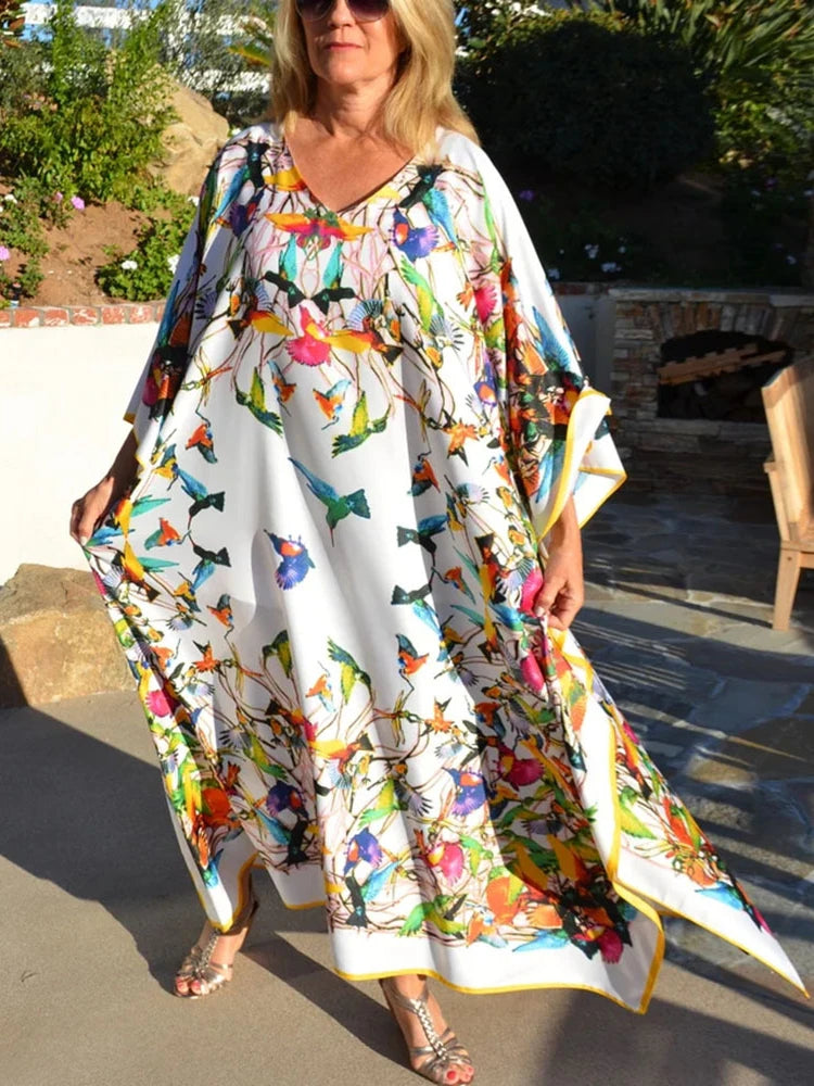 Beach Dresses Bird Bohemian Kaftans for Women 2025 New Loose Bikini Cover Ups Maxi Robe Elegant Bathing Suits - Matrix Studios