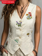 Spring Summer Autumn Linen Gilet with Unique Random Embroidery, Elegant Versatile Commuter Outer‑wear Vest - Matrix Studios