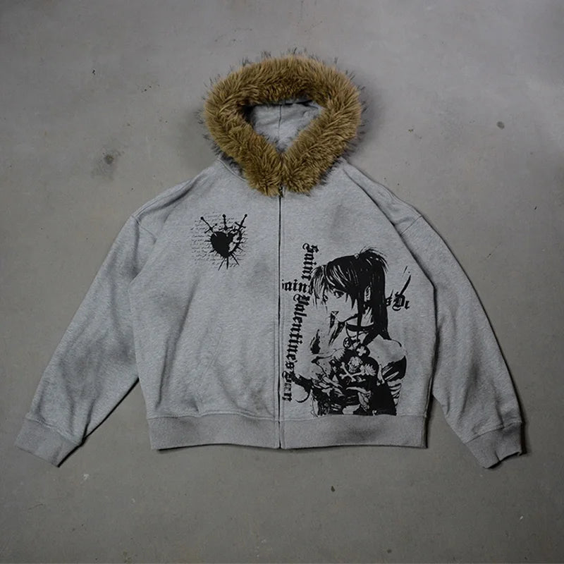 Winter Fashion Streetwear Women's Gothic Printed Faux Fur Hooded Jacket Trendy Edgy Zip - Up Sweatshirt 2026 New Arrival - Matrix Studios