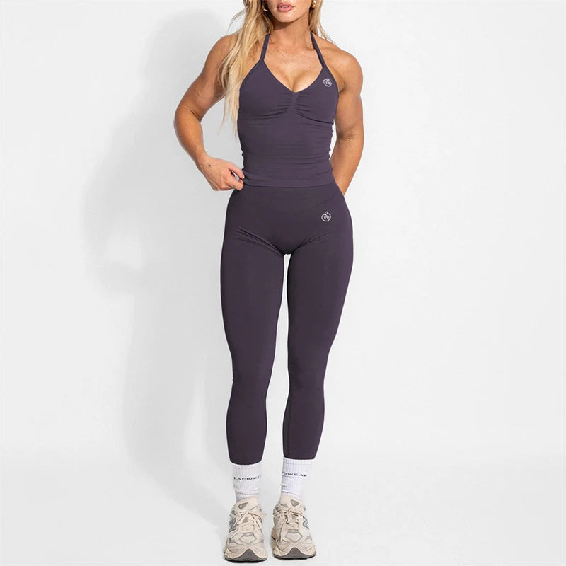 Women's Yoga Set Bum Balance Fitted Halter Tops & Shaping Pants 2pcs Yoga Sportwear Workout Gym Clothing High Waist Leggings Set - Matrix-studios.com