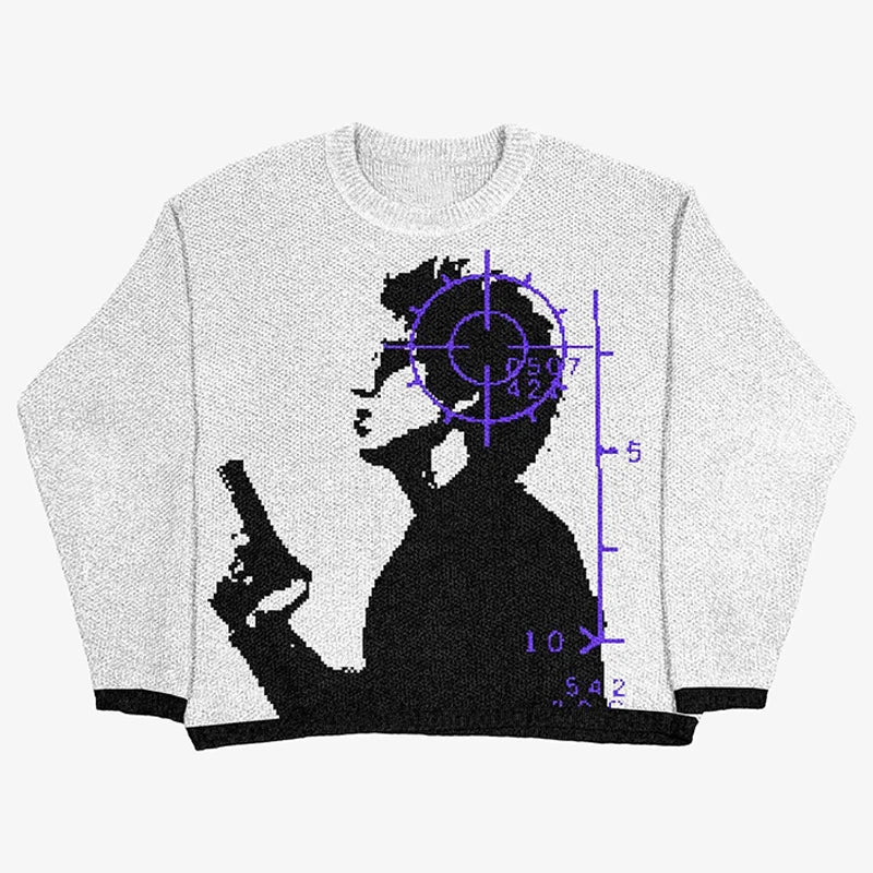 New Hip Hop Streetwear Knitted Sweater men Gothic portrait Print Pullover autumn Harajuku Cotton sweater women Oversized Sweater - Matrix Studios