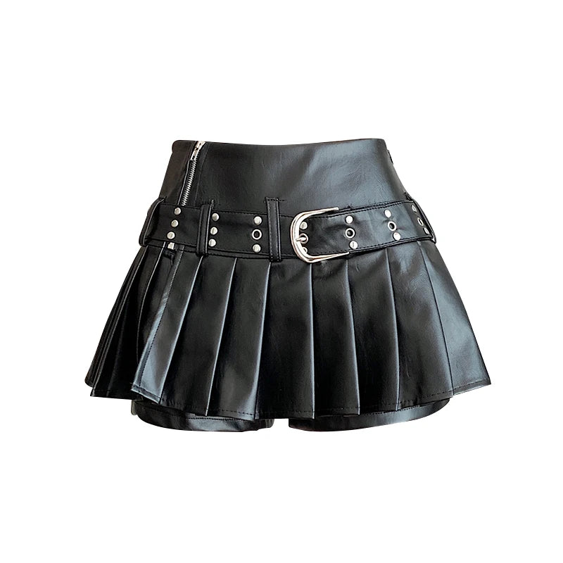 Women's Black Gothic A-line Pleated Leather Skirt Y2k Mini Shorts Skirts Harajuku Korean Emo Skirt 2000s Vintage Clothes Summer - Matrix-studios.com