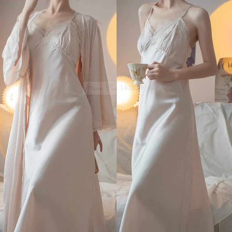 New Female Long Robe Nightgown Set Sexy Lace Trim Sleepwear Suspender Nightdress Spring Summer Casual Satin Home Dress Bathrobe - Matrix-studios.com