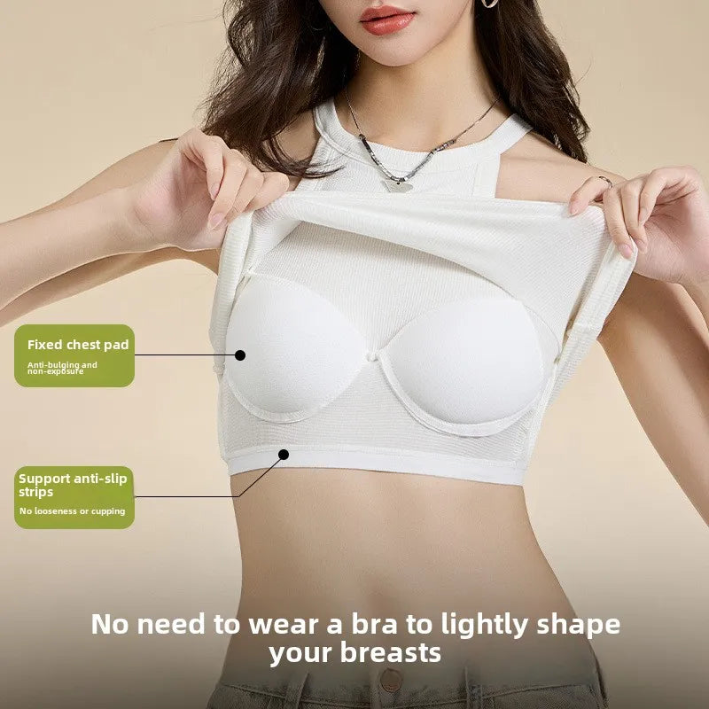 Threaded Halter Neck Camisole Top With Build-in Bra High Elastic Slim-fitting Sling Fixed Cup Breathable Women Underwear - Matrix-studios.com