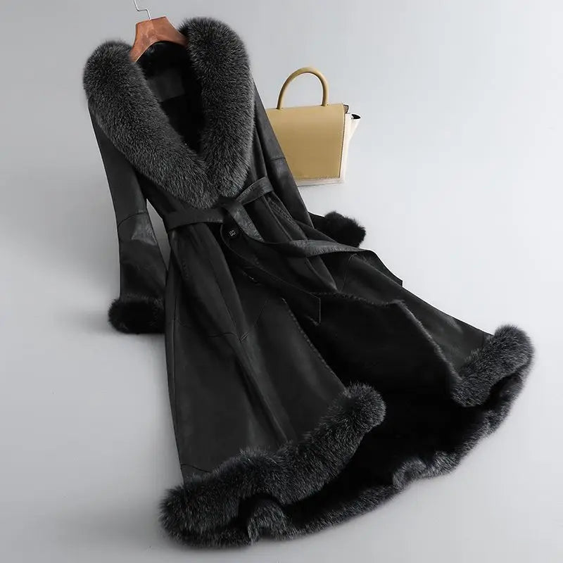 2023 Winter New Rabbit Fur Integrated Women's Coat Long  Genuine Leather Fur Fox Fur Collar Slim Fit Coat - Matrix Studios