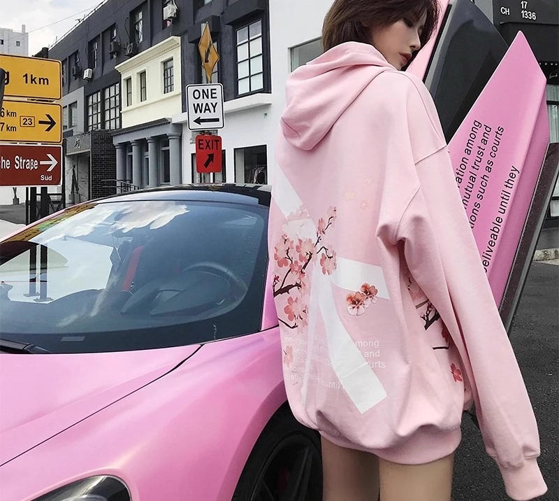 Gothic Pink Girly Sakura Hoodie Y2K Clothes Mens Womens Hip Hop Letters Oversized Hoodie Sweatshirt Fashion Casual Jacket