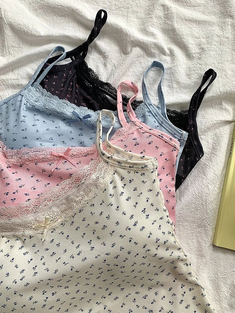 Elegant Lace Flower Print Slim Sexy Vest Floral Tops One Size Tank Spring Sweet Bowknot Style T-Shirt Casual Crop Top Summer - Matrix-studios.com