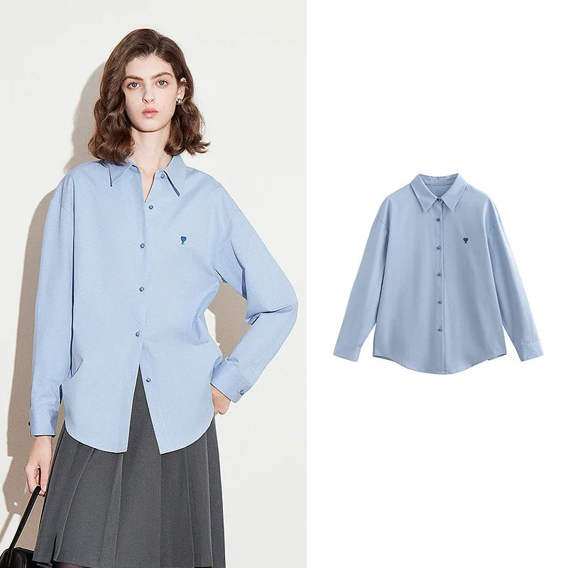 TOYOUTH Women Blouse Shirt 2025 Spring New Love Embroidered Simple and Versatile Solid Color Pure Cotton Shirt Tops - Matrix-studios.com
