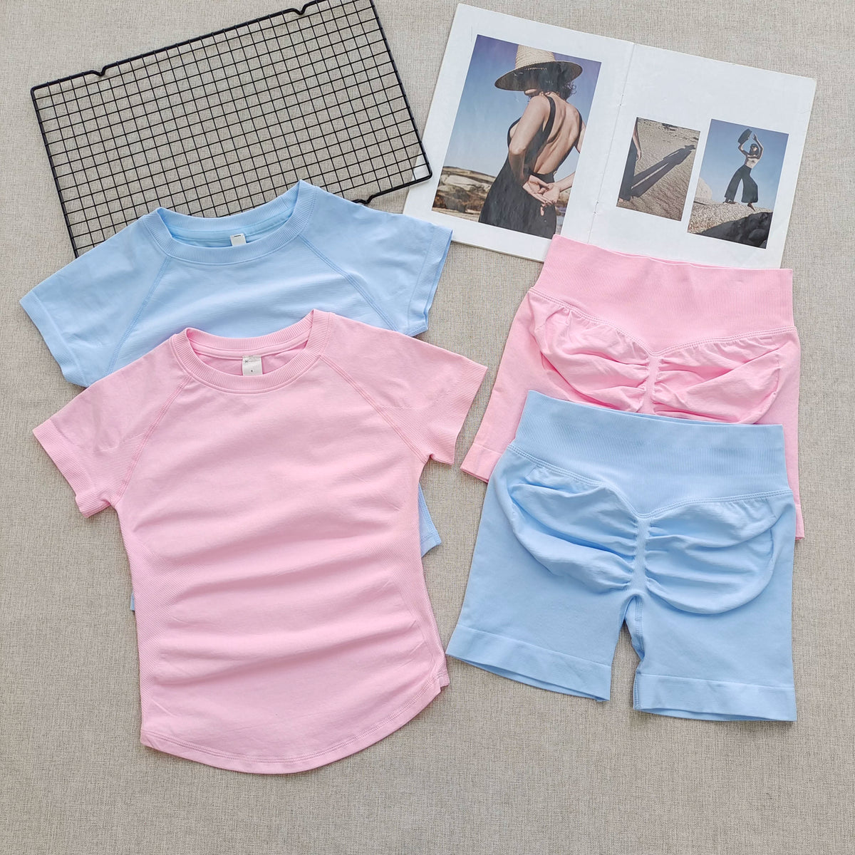 Women's Summer 2 Piece Yoga Outfit Slim Fit Short Sleeve Top High Waist Tummy Lifting Butt Shaping Shorts for Gym Running Daily - Matrix-studios.com