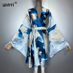 WINYI Bohemian Print Kimono Beach Outfits Women Swim Suit Cover Up Maxi Cardigan Stitch Self Belt Holiday Long Sleeve Print Coat - Matrix Studios
