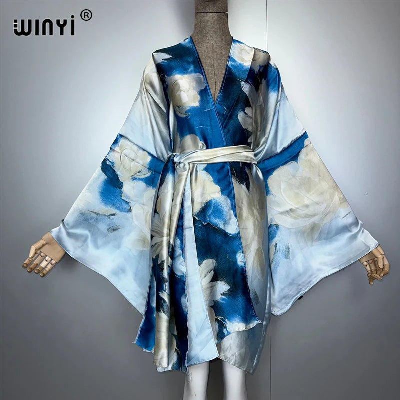 WINYI Bohemian Print Kimono Beach Outfits Women Swim Suit Cover Up Maxi Cardigan Stitch Self Belt Holiday Long Sleeve Print Coat - Matrix Studios
