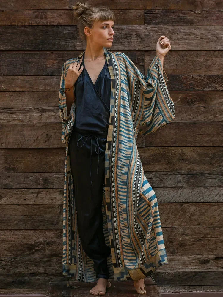 Bohemian Printed Bikini Cover-ups Elegant Self Belted Kimono Dress Tunic Women Plus Size Beach Wear Swim Suit Cover Up Q1228 - Matrix Studios