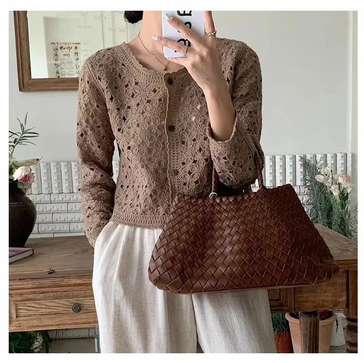 Long Sleeve Crochet Top for Women Sheer Button Up Hollow Out Openwork Knit Cardigan Jacket Spring Summer Boho Vacation Outfit - Matrix Studios