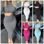 Womens Dress Sets Long Sleeve Crop Tops And Mid Calf Skirt Suit Fashion 2PCS Set Slim Office Lady Autumn Suits Clothing Q2418 - Matrix-studios.com