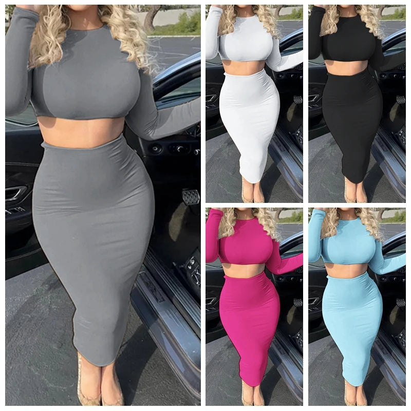 Womens Dress Sets Long Sleeve Crop Tops And Mid Calf Skirt Suit Fashion 2PCS Set Slim Office Lady Autumn Suits Clothing Q2418 - Matrix-studios.com