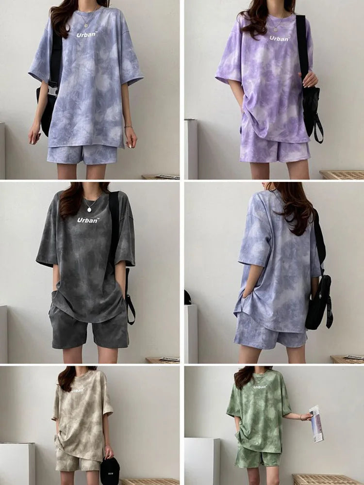 Women T-Shirt Shorts Suit Set Casual Tie Dye Loose Tshirt and Wide Leg Middle Shorts with Pockets Female Soft Summer Shorts Sets - Matrix-studios.com