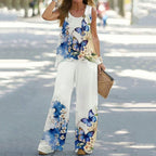 Simple Sleeveless Printed Vest Long Pants Set Women Summer Fashion Round Neck Casual T-Shirt Top Loose Pants Suit Clothes - Matrix-studios.com