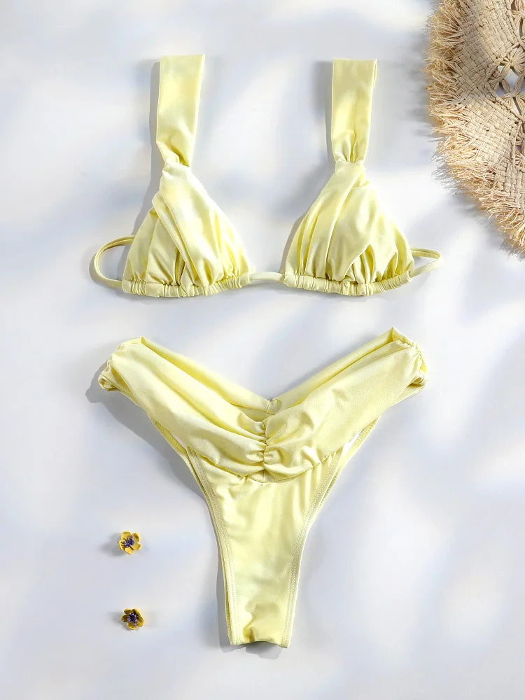 Sexy Folds Bikini Set Solid Micro Bikinis Women Swimsuit Female Triangle Swimwear Beach Wear Bathing Suit - Matrix-studios.com