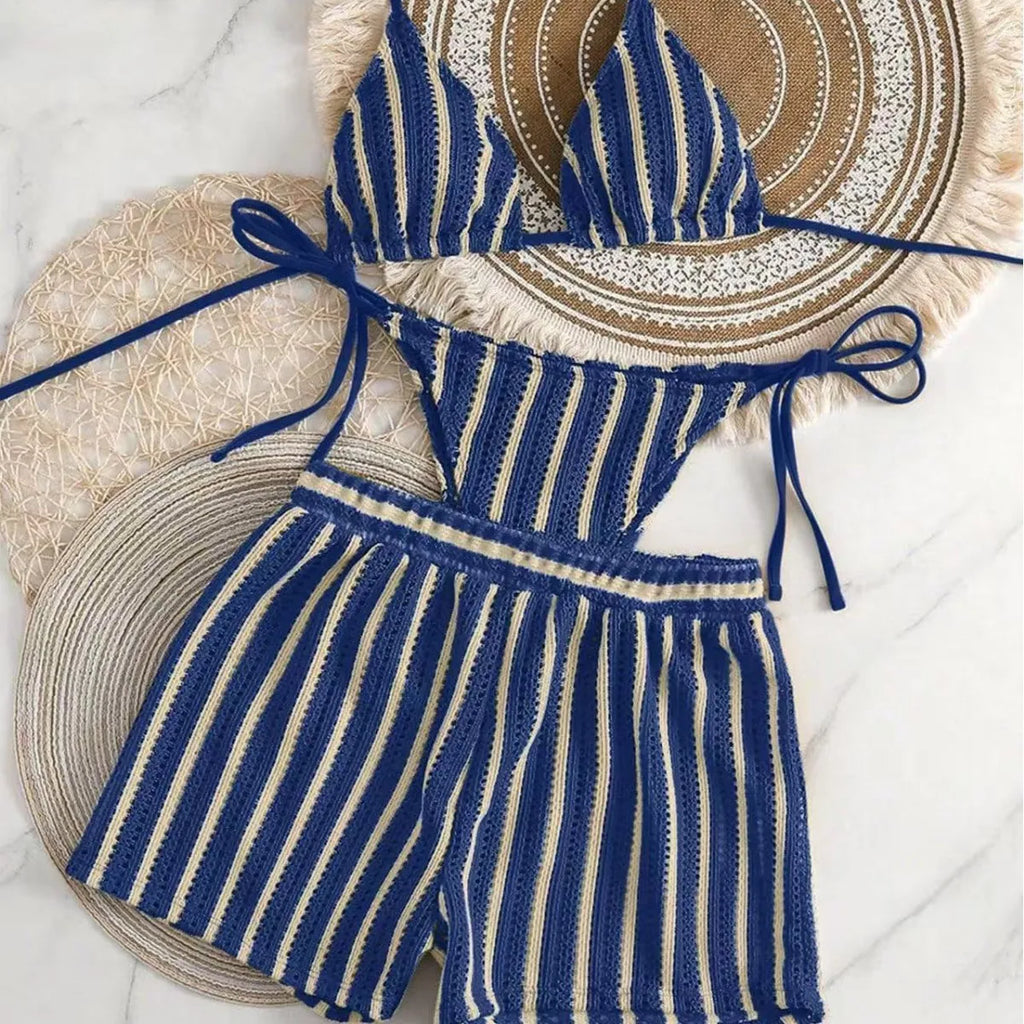 2026 new style boxer shorts mesh three-piece women's swimsuit neck lace-up bikini set - Matrix-studios.com