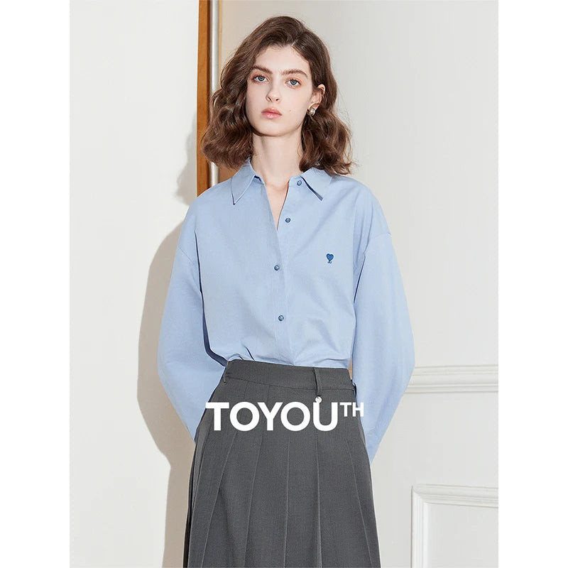 TOYOUTH Women Blouse Shirt 2025 Spring New Love Embroidered Simple and Versatile Solid Color Pure Cotton Shirt Tops - Matrix-studios.com