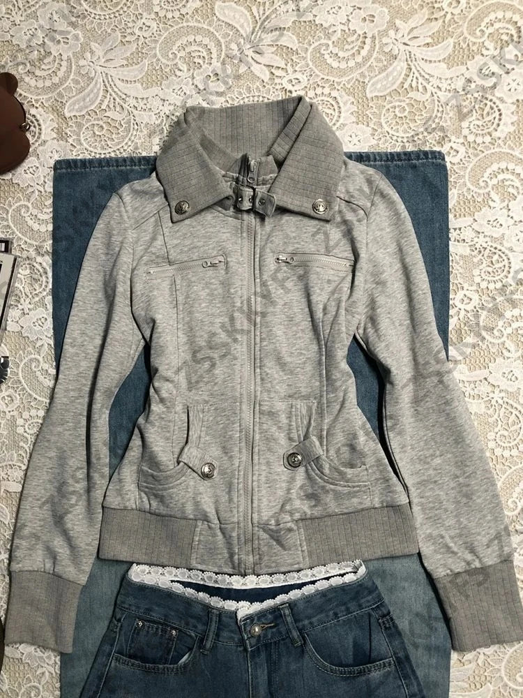 Vintage Coat Zipper Slim Y2k 2000s Womens Goth Punk Streetwear Polo Jacket Sweatshirt Basics Hoodie Autumn Winter Fashion Grunge - Matrix Studios