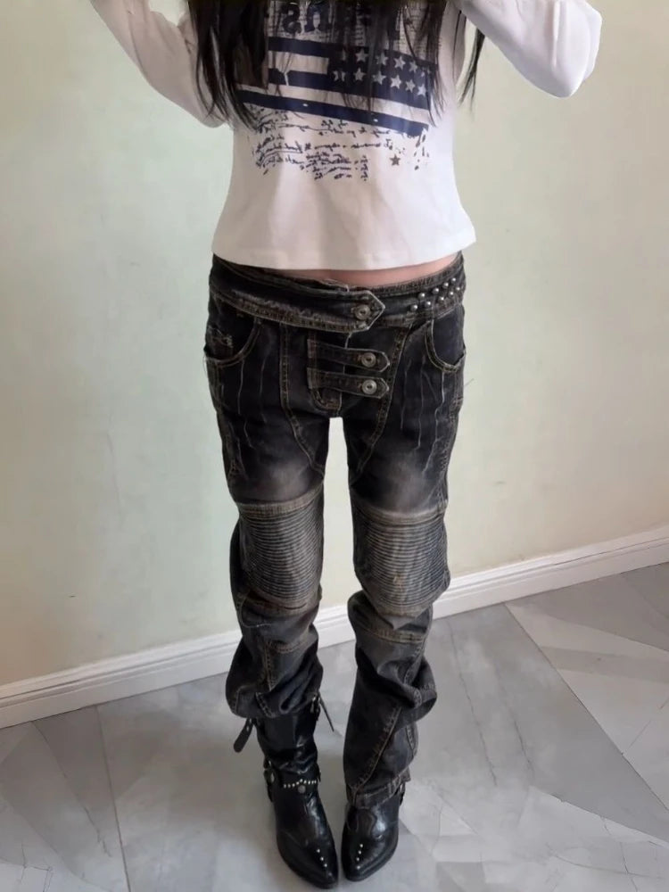 American Vintage Washed Distressed Pleated Button Jeans Women Streetwear Y2k Retro Full Length Pants Slim Spring Summer - Matrix-studios.com