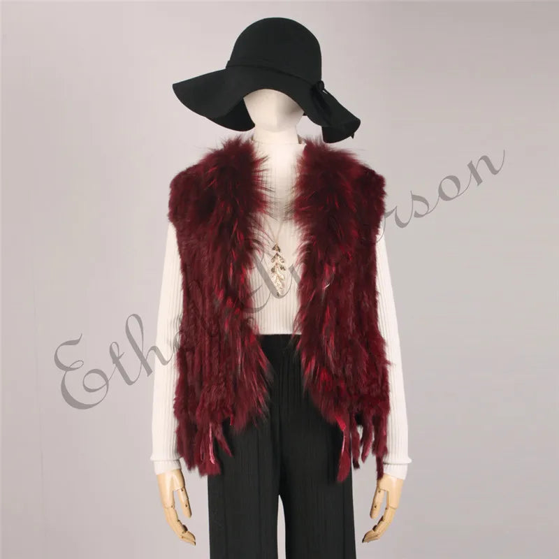 Women's Real Rabbit Fur Vest Knit Natural Leather Tassel Waistcoat Raccoon Fur Collar Winter Knitted Jacket Coat Wholesale - Matrix Studios