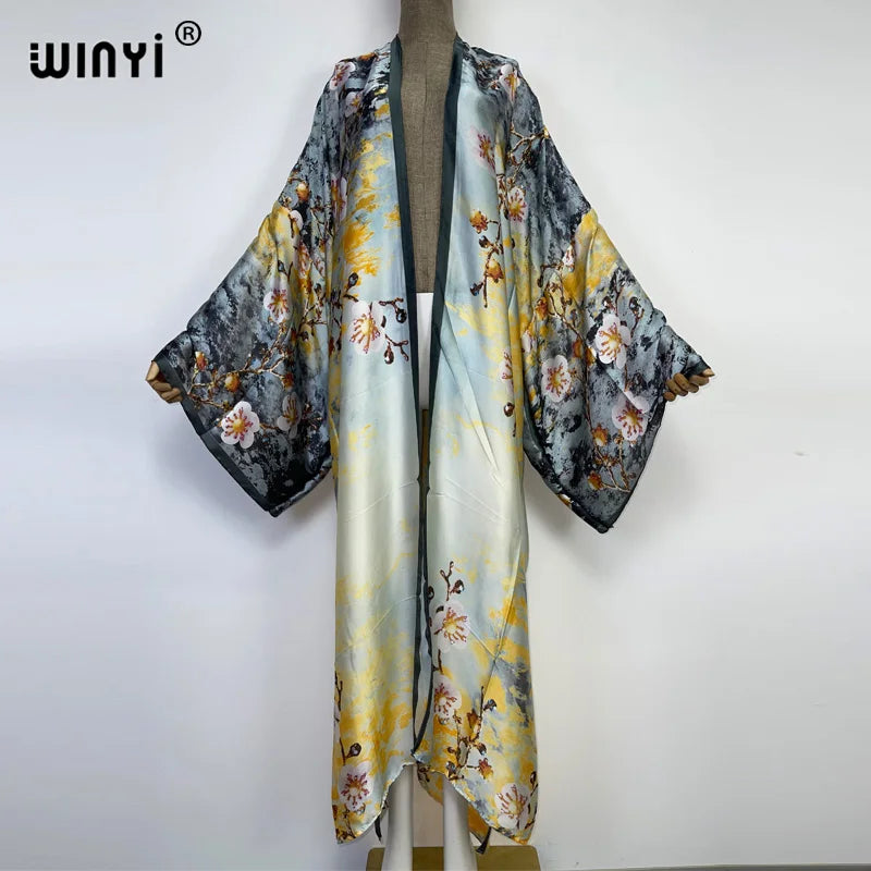 WINYI 2026 Summer Women Cardigan stitch Cocktail sexy Boho Maxi African Holiday Batwing Sleeve Silk feeling Robe kimono kaftan - Matrix Studios