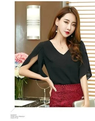 Women Chiffon Short Sleeve Shirt Sexy V-neck Loose Ruffled Chiffon Blouse. - Matrix-studios.com