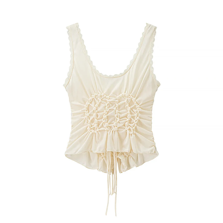DUOPERI Women Y2K Fashion Solid Pleated Lace Up Slim Fitting Camisole Straps V-Neck Female Chic Lady Casual Tank Tops - Matrix-studios.com