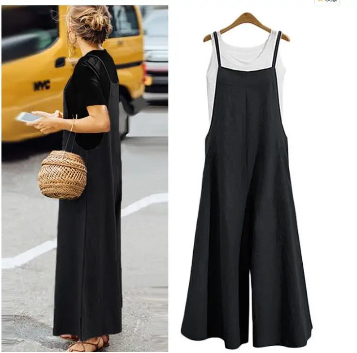 Women Straps Jumpsuit Summer Solid Color Wide Leg Pants Dungaree Bib Overalls Casual Loose Sleeveless Cotton Linen Jumpsuits 5Xl - Matrix Studios