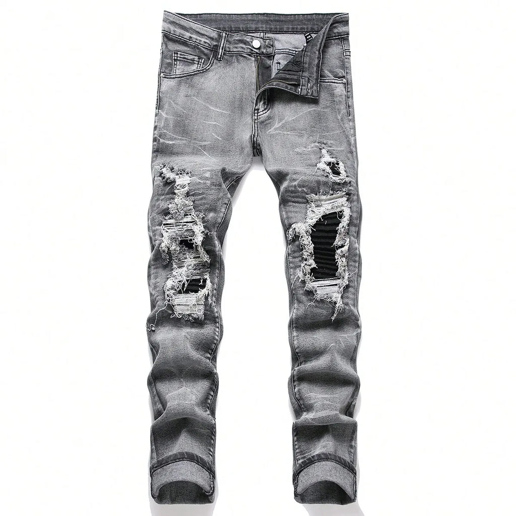 Men‘s Stretchy Denim Jeans Streetwear Tearing Patchwork Holes Ripped Denim Elastic Waist Casual Pants Slim fit Straight Trousers - Matrix Studios